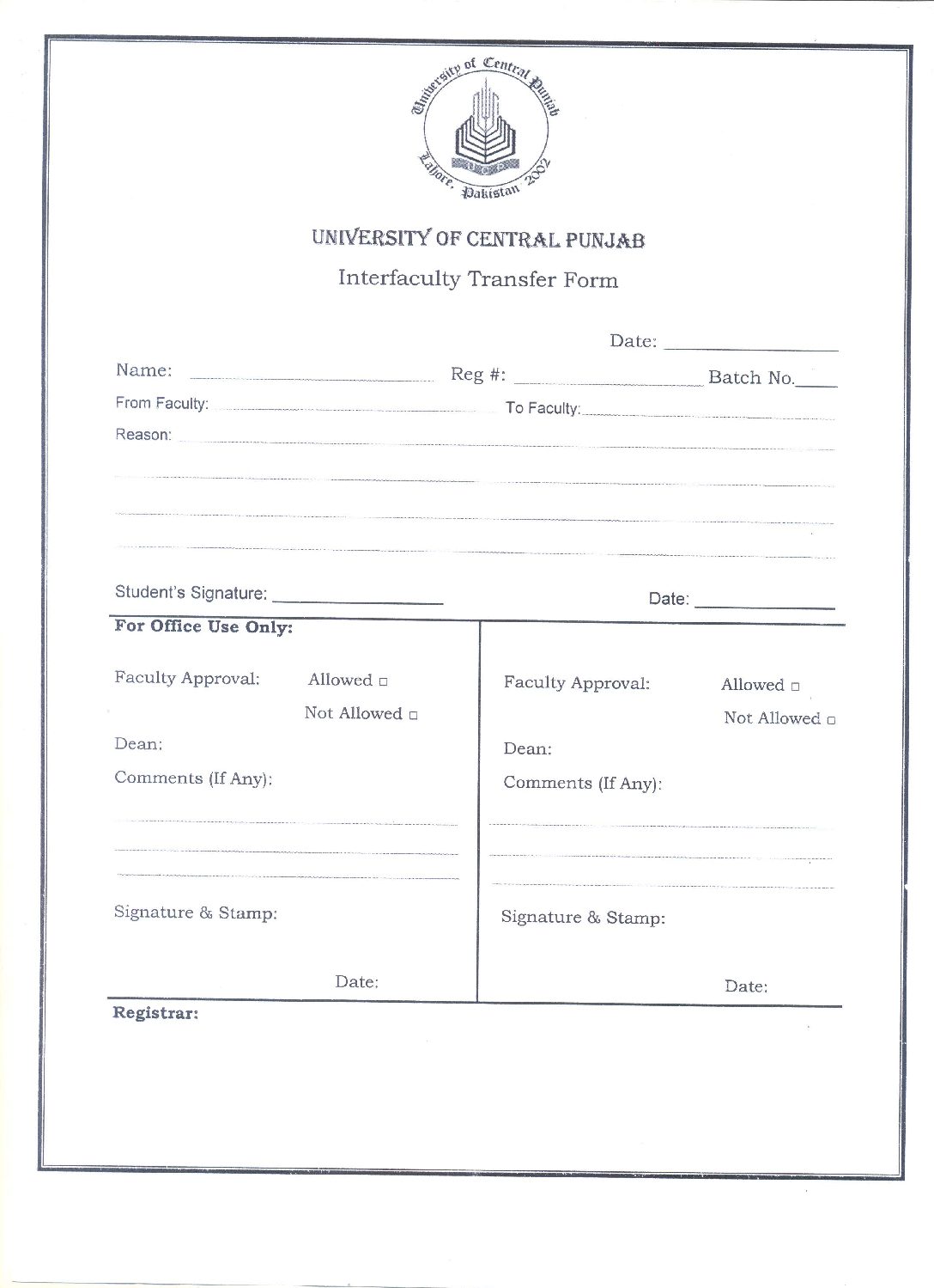 Inter Form Sample Inter Faculty Transfer_Form - University of Central Punjab