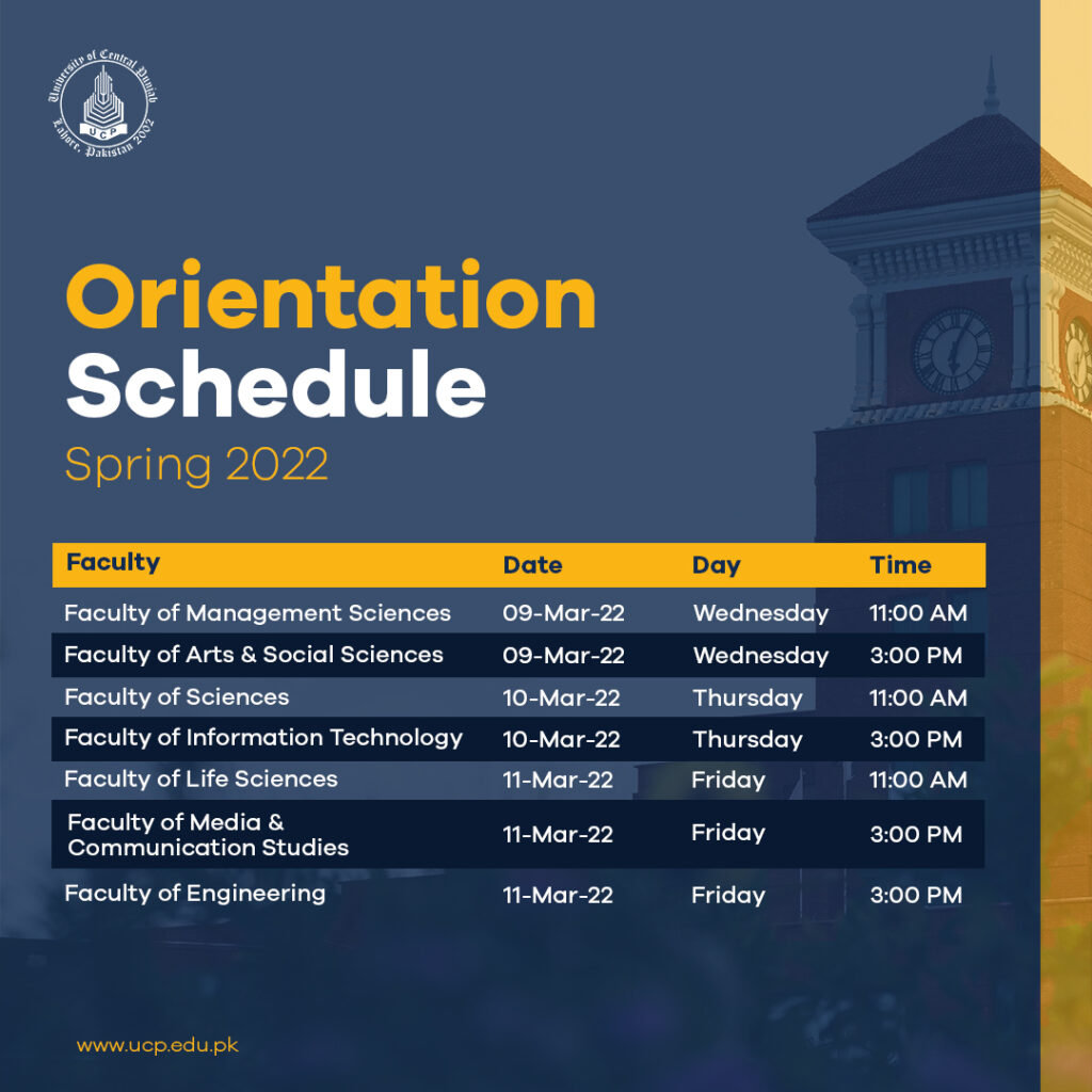 Orientation Spring 2022 Schedule University of Central Punjab
