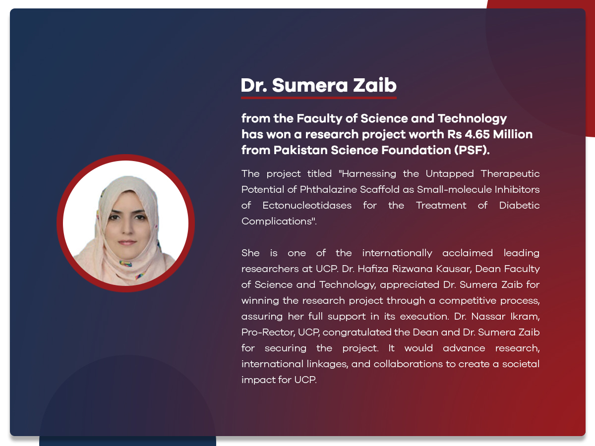 Dr. Sumera Zaib from the Faculty of Science and Technology has won a research project worth Rs 4.65 Million from Pakistan Science Foundation (PSF)